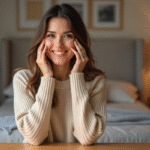 Femme appliquant du fond de teint dans un cadre cosy