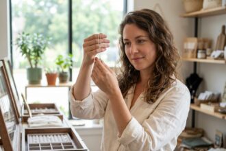 Femme examinant un collier dans une boutique élégante