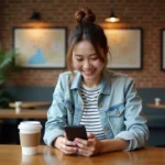 Jeune femme au cafe utilisant une carte interactive sur son smartphone