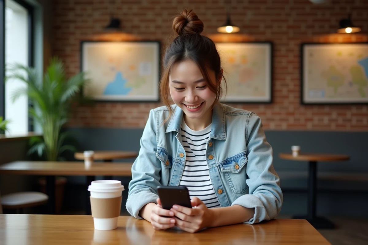 Jeune femme au cafe utilisant une carte interactive sur son smartphone