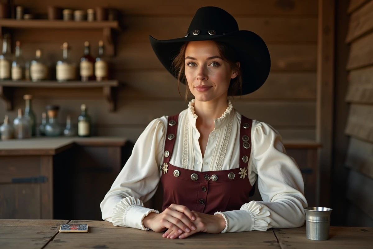 Femme en costume western historique avec chapeau cowboy noir à brim large assise dans un saloon rustique pour reconstitution historique