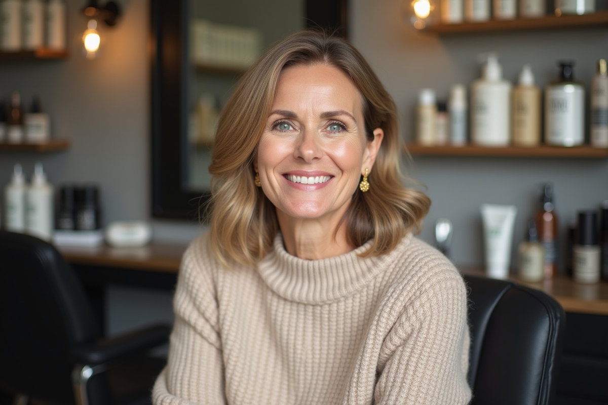 Femme élégante avec coupe bob dans un salon moderne