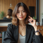 Femme confiante avec coupe bob dans un salon moderne