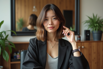 Femme confiante avec coupe bob dans un salon moderne