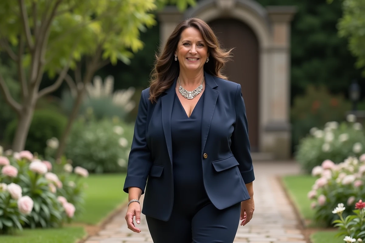 Femme élégante marchant dans un jardin pour un mariage