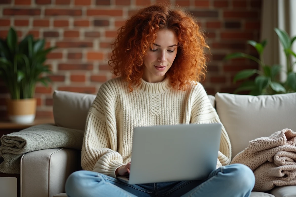 Jeune femme consultant une plateforme de revente de vêtements en ligne depuis son salon