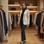 Femme élégante en blazer crème et pantalon noir explorant les tendances mode dans une boutique parisienne
