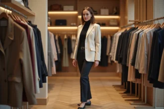 Femme élégante en blazer crème et pantalon noir explorant les tendances mode dans une boutique parisienne