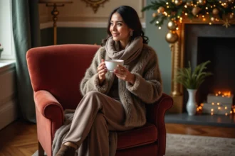 Femme élégante assise dans un salon cosy avec une tasse de thé