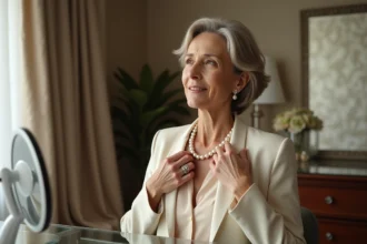 Femme élégante portant un collier de perles raffinées