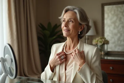 Femme élégante portant un collier de perles raffinées