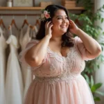 Femme souriante en robe pastel dans une boutique de mariage