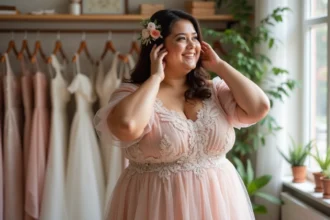 Femme souriante en robe pastel dans une boutique de mariage