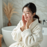 Jeune femme koreenne appliquant une essence visage