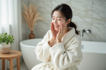 Jeune femme koreenne appliquant une essence visage