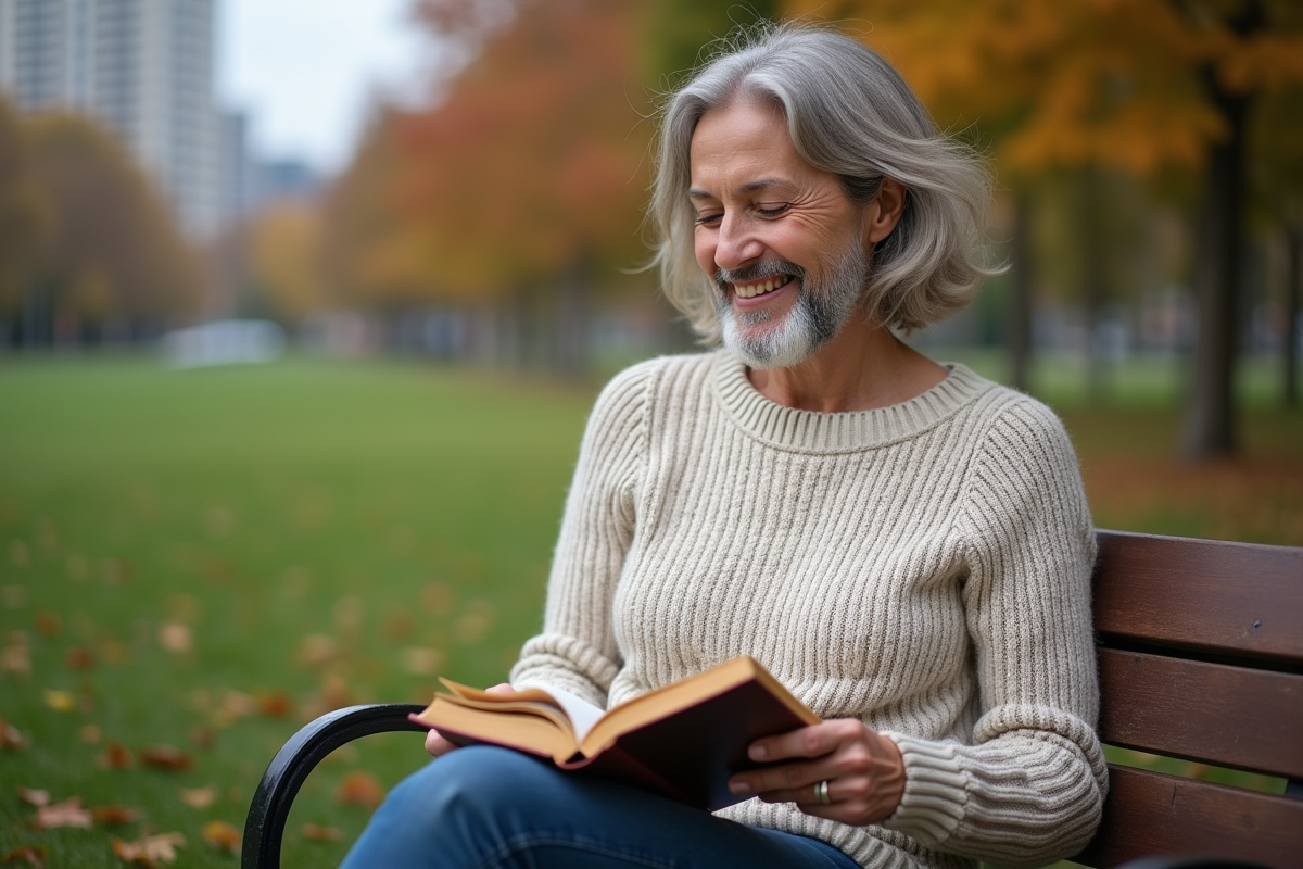 Femme confiante lisant un livre sur un banc dans un parc
