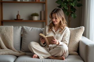 Femme détendue lisant un livre dans un salon chaleureux