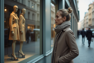Femme élégante regardant un magasin vide en ville