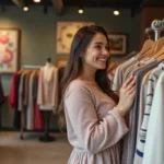 Femme ronde souriante dans une boutique élégante