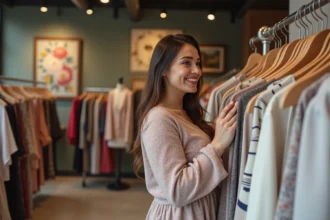 Femme ronde souriante dans une boutique élégante