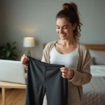 Femme souriante examinant un pantalon athletique à la maison
