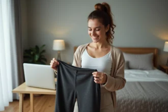 Femme souriante examinant un pantalon athletique à la maison