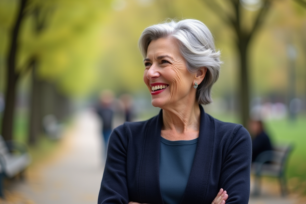 Femme souriante en extérieur dans un parc parisien avec rouge à lèvres