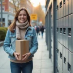 Femme avec colis devant un casier de livraison en ville