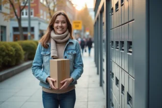 Femme avec colis devant un casier de livraison en ville