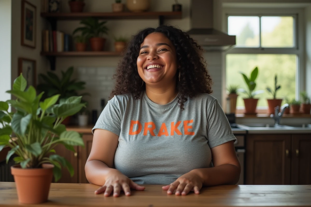 Femme grande taille en tshirt Drake dans sa cuisine
