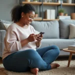 Femme plussize assise sur un canapé moderne dans un salon chaleureux