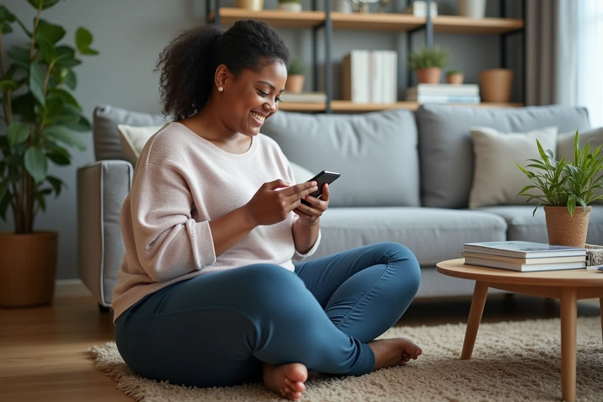 Femme plussize assise sur un canapé moderne dans un salon chaleureux