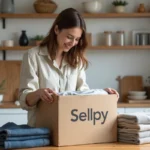 Femme qui prépare un sac de vêtements de seconde main pour Sellpy dans un appartement scandinave