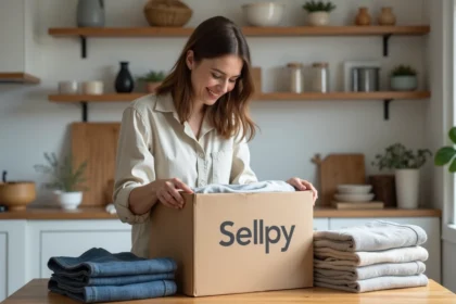 Femme qui prépare un sac de vêtements de seconde main pour Sellpy dans un appartement scandinave