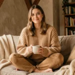 Femme portant un pull en maille épaisse Pilou Pilou Store, assise confortablement dans un salon chaleureux avec une tasse de thé