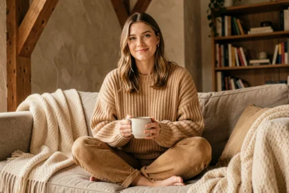 Femme portant un pull en maille épaisse Pilou Pilou Store, assise confortablement dans un salon chaleureux avec une tasse de thé