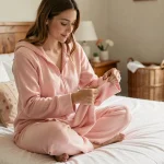 Femme en pyjama grenouillère rose polaire assise sur un lit, vérifiant la texture du tissu après lavage