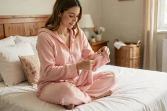 Femme en pyjama grenouillère rose polaire assise sur un lit, vérifiant la texture du tissu après lavage