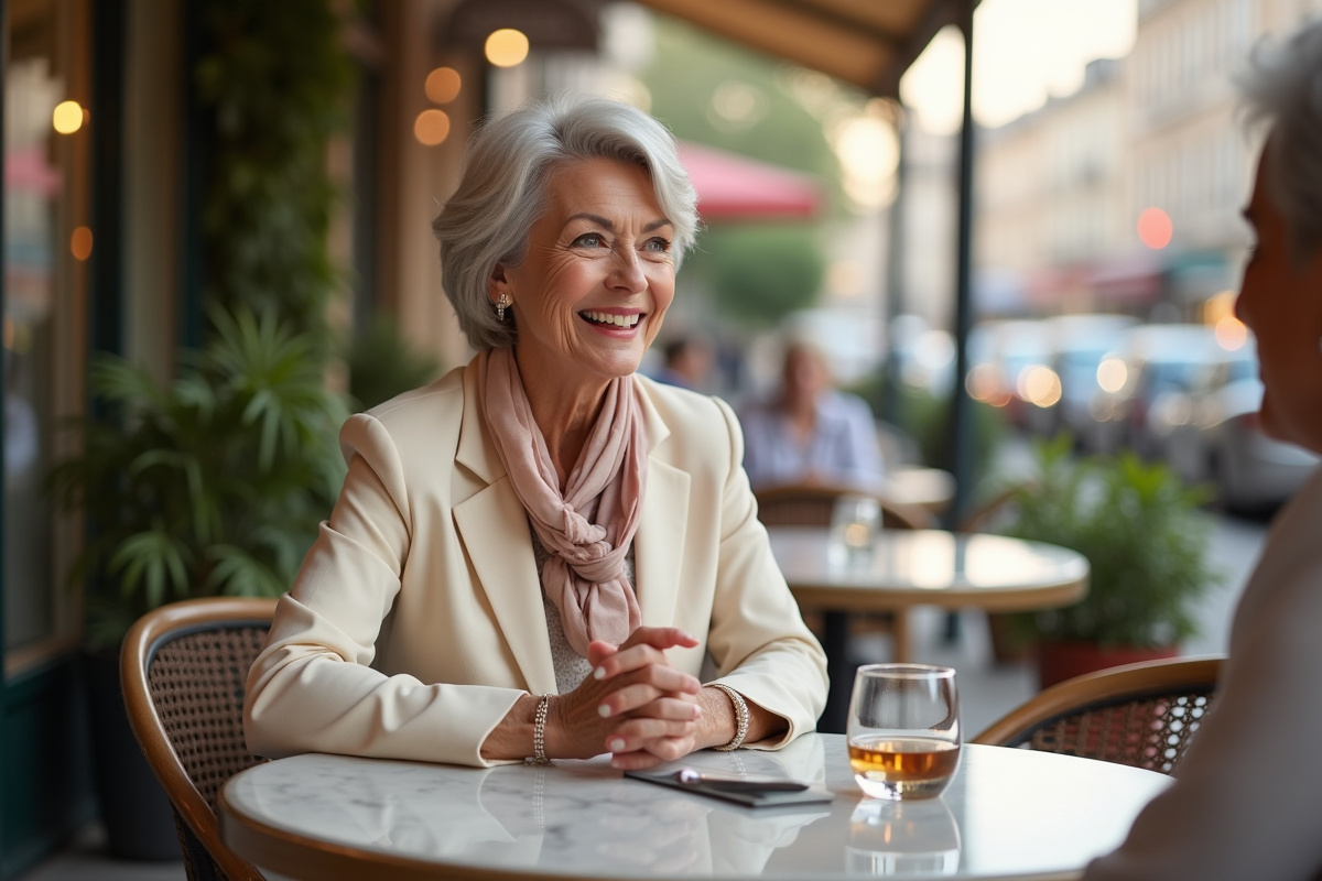 Femme élégante souriante au cafe en terrasse