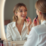 Femme appliquant du rouge à lèvres devant un miroir