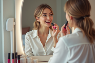 Femme appliquant du rouge à lèvres devant un miroir