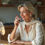 Femme française appliquant du rouge à lèvres dans une cuisine lumineuse
