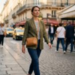 Femme portant un sac bandoulière en cuir beige en marchant dans une rue parisienne animée, les mains libres