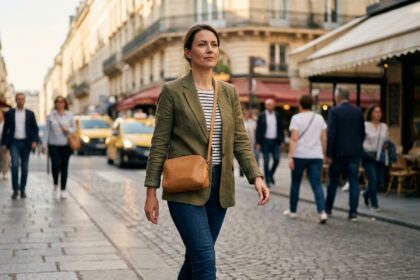 Femme portant un sac bandoulière en cuir beige en marchant dans une rue parisienne animée, les mains libres