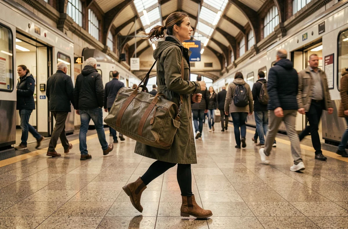 Femme en imperméable traversant une gare avec un grand sac de voyage en toile imperméable sur l'épaule