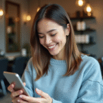 Femme souriante dans un salon de coiffure moderne utilisant son smartphone