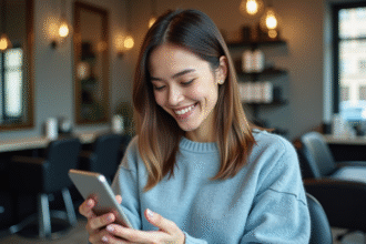 Femme souriante dans un salon de coiffure moderne utilisant son smartphone