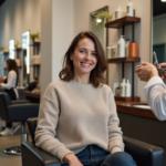 Femme souriante dans un salon de coiffure moderne