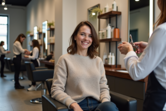 Femme souriante dans un salon de coiffure moderne
