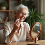 Femme élégante appliquant rouge à lèvres dans chambre lumineuse
